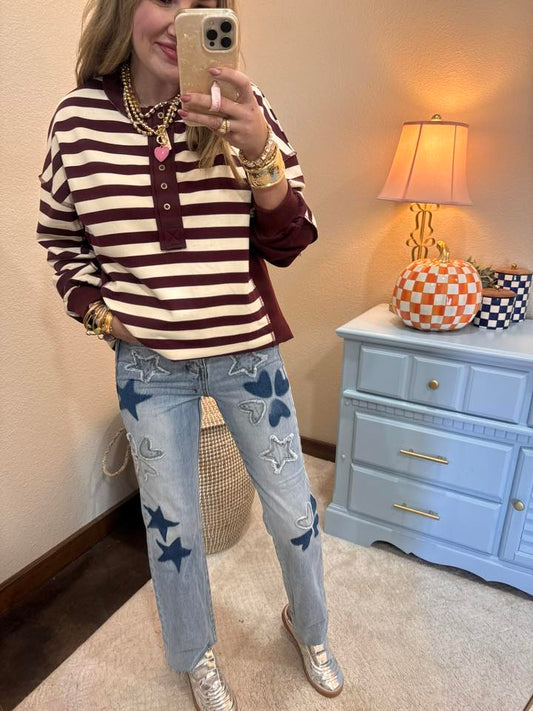 Burgundy and Cream Stripe Pullover Top