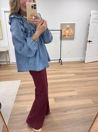 Light Denim Smocked Embroidered Heart Detail Top