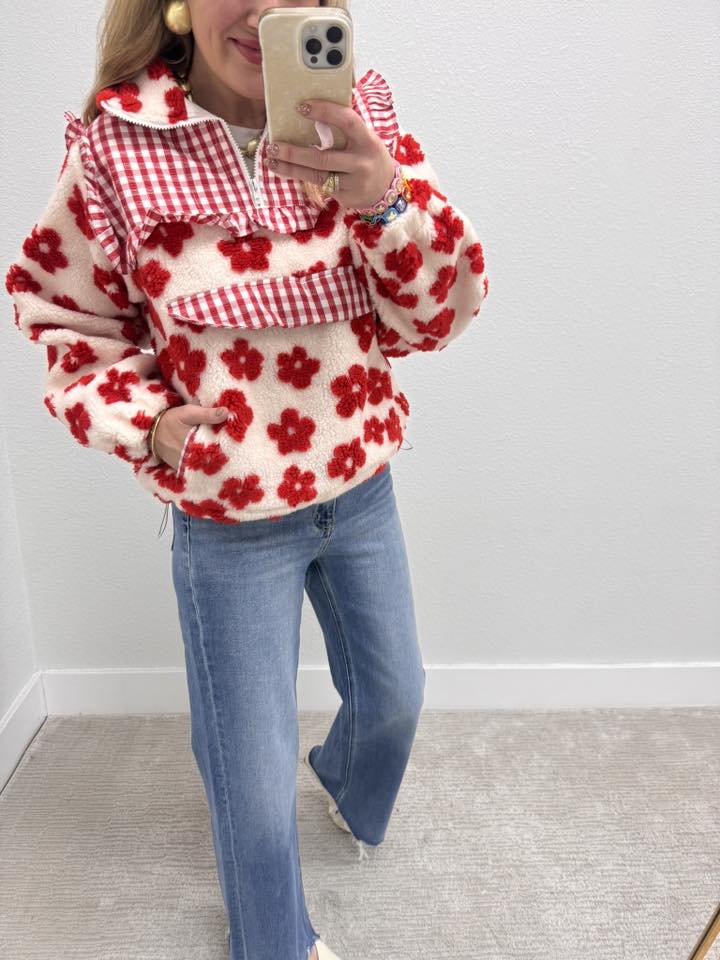 White & Red Floral Sherpa Pullover