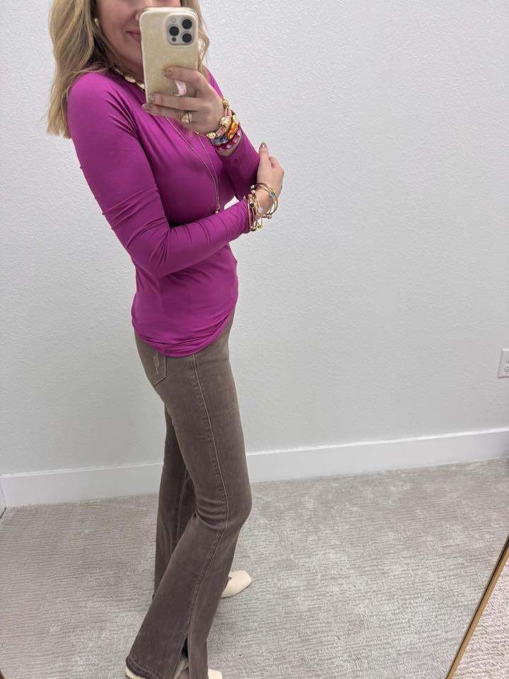 Magenta Brushed Microfiber Long Sleeve Round Neck Tee