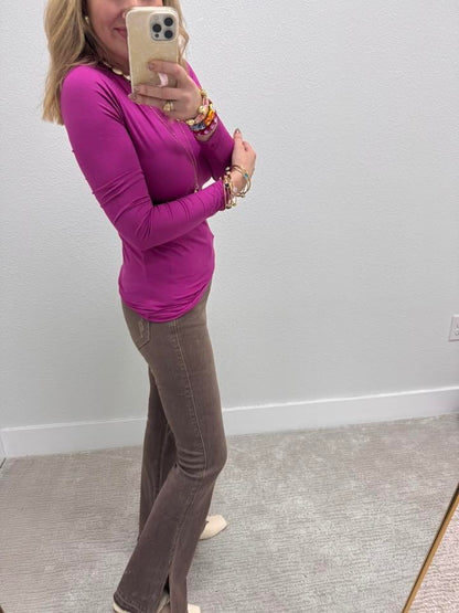 Magenta Brushed Microfiber Long Sleeve Round Neck Tee