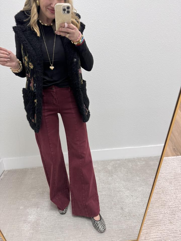 Risen Burgundy Mid Rise Front Seam Jeans