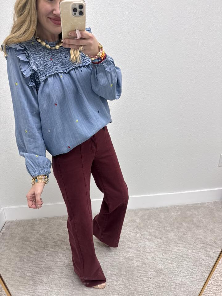 Light Denim Smocked Embroidered Heart Detail Top