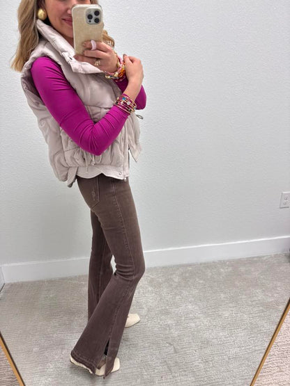 Magenta Brushed Microfiber Long Sleeve Round Neck Tee