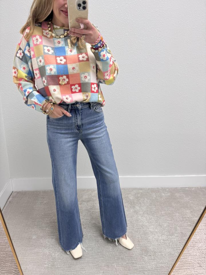 Pastel Floral Textured Knit Pattern And A High Neckline Sweater