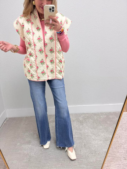 Ivory & Pink Floral Print Quilted Vest With Pockets FS