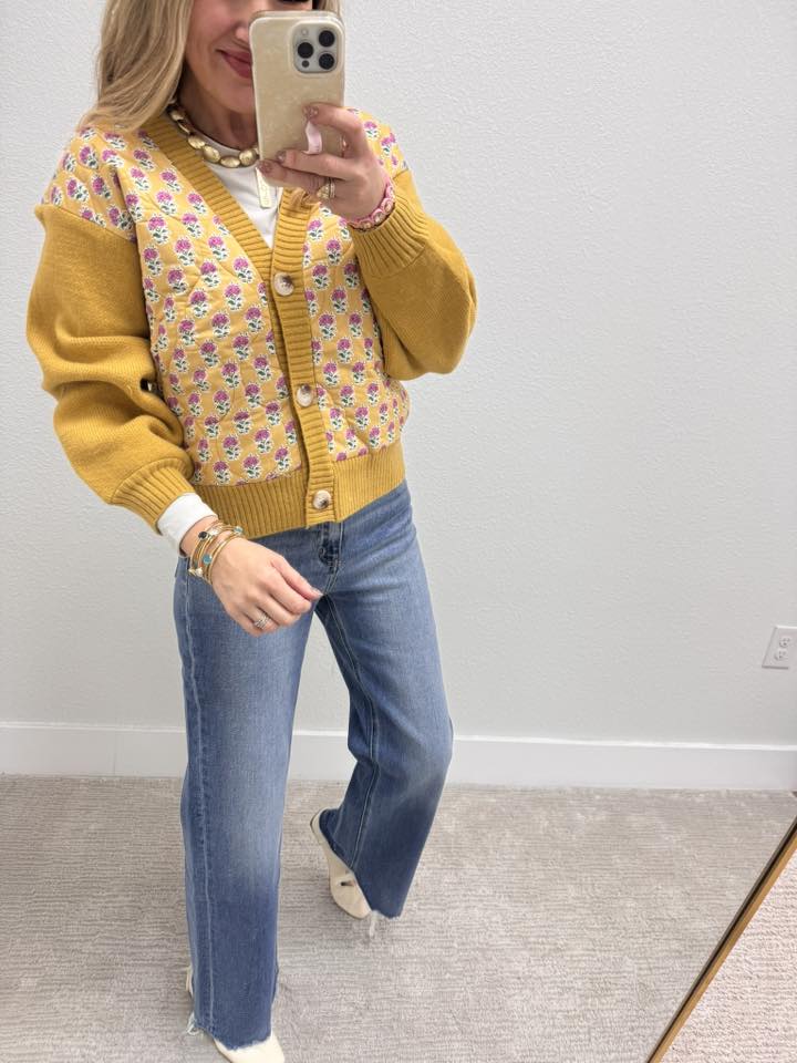 Mustard Pink Quilted Flower Print Cardigan Sweater