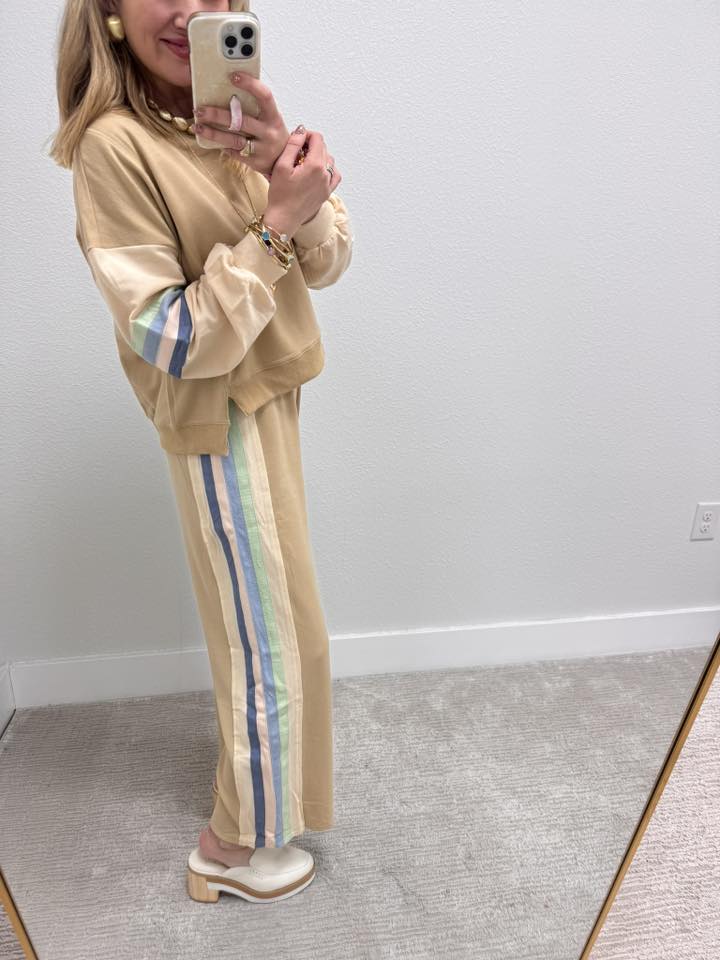 Taupe Color Tape Detail Knit Top & Pants Comfy Set