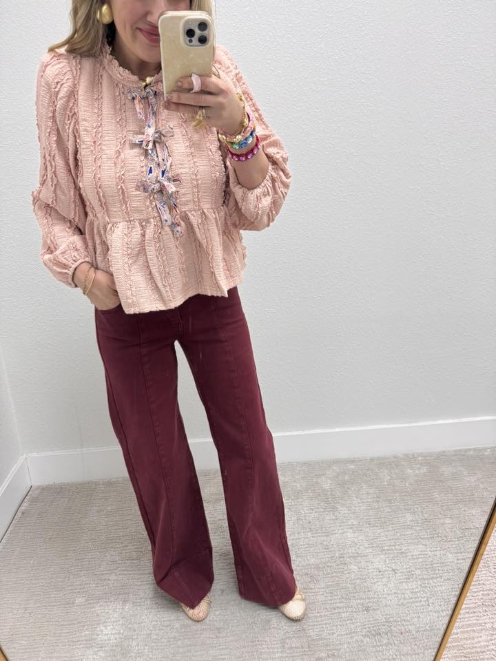 Risen Burgundy Mid Rise Front Seam Jeans