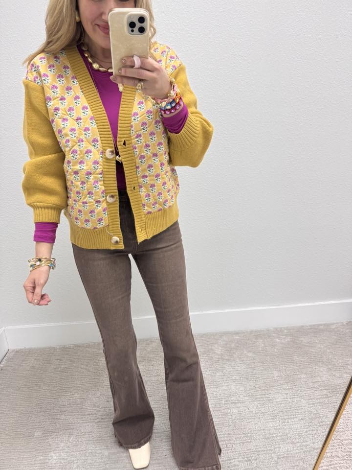 Mustard Pink Quilted Flower Print Cardigan Sweater