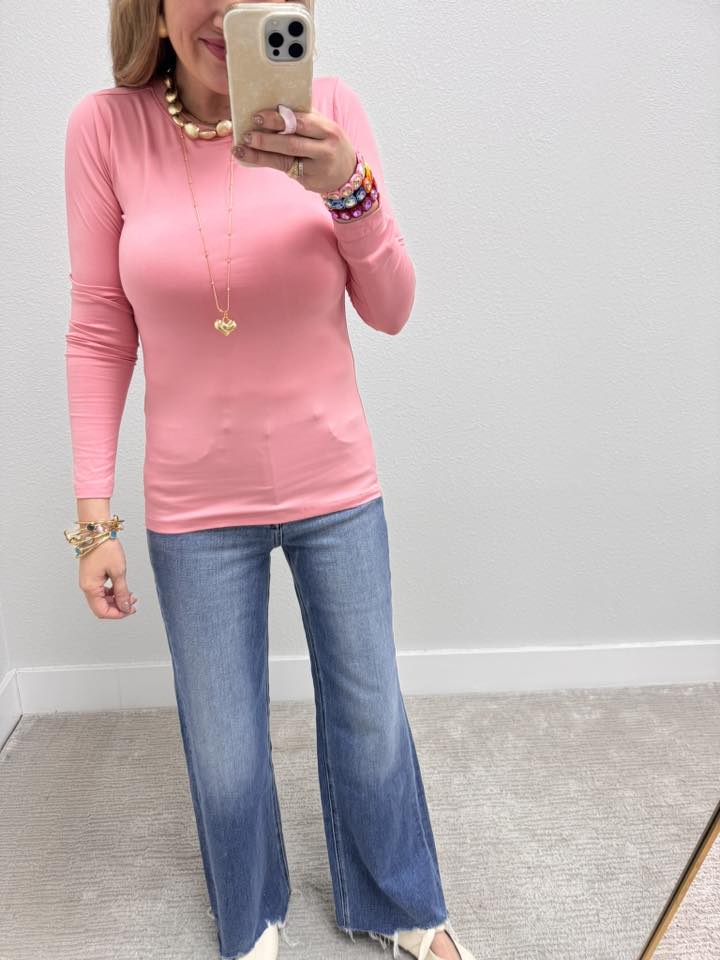 Pink Brushed Microfiber Long Sleeve Round Neck Tee