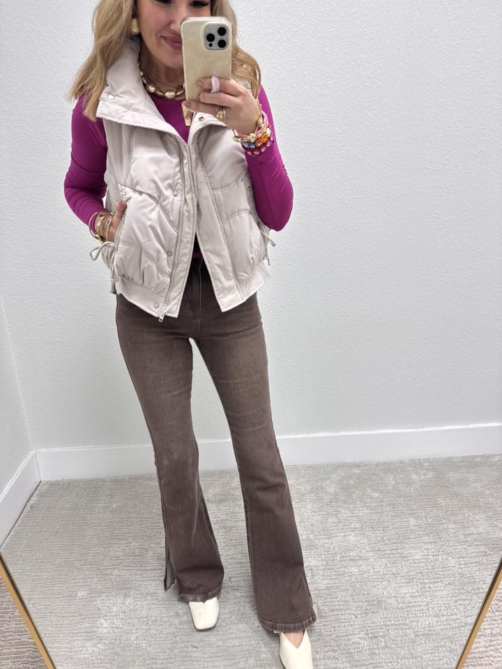 Ecru High Neck Quilting Puffer Vest