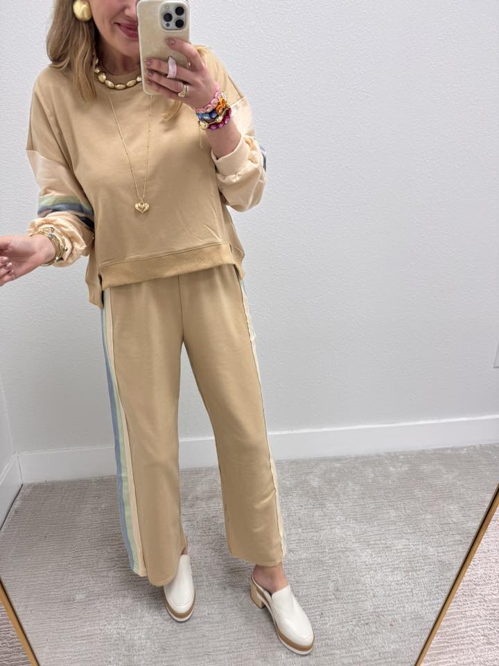 Taupe Color Tape Detail Knit Top & Pants Comfy Set