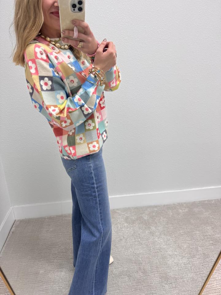 Pastel Floral Textured Knit Pattern And A High Neckline Sweater