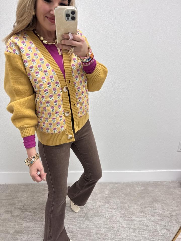 Mustard Pink Quilted Flower Print Cardigan Sweater