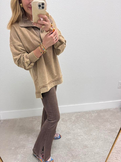 Mocha Mock Neck Mineral Washed Knit Causal Top FS