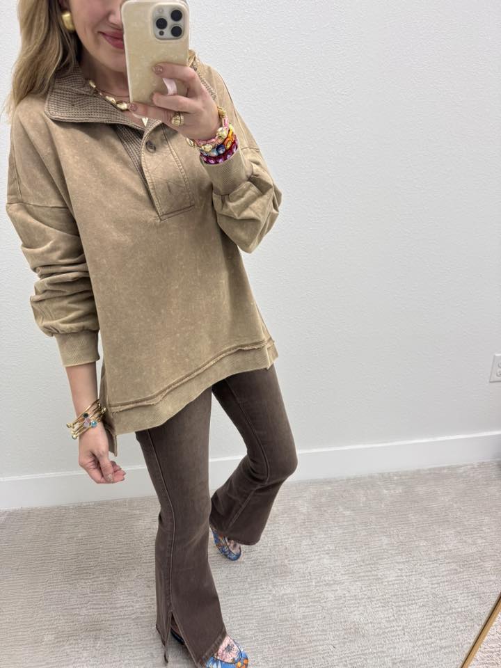 Mocha Mock Neck Mineral Washed Knit Causal Top