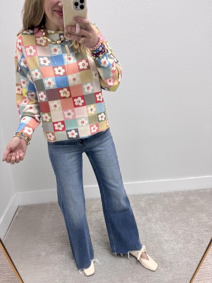 Pastel Floral Textured Knit Pattern And A High Neckline Sweater