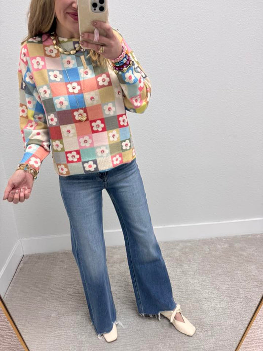 Pastel Floral Textured Knit Pattern And A High Neckline Sweater