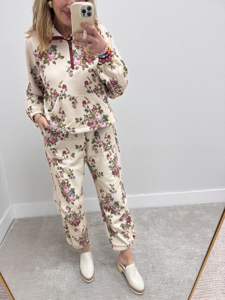 Flower Bouquet French Terry Half Zip Pants Set