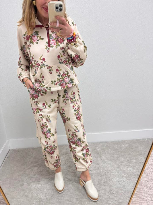 Flower Bouquet French Terry Half Zip Pants Set