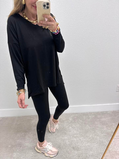 Black Microfiber Round Neck Top & Leggings Set FS