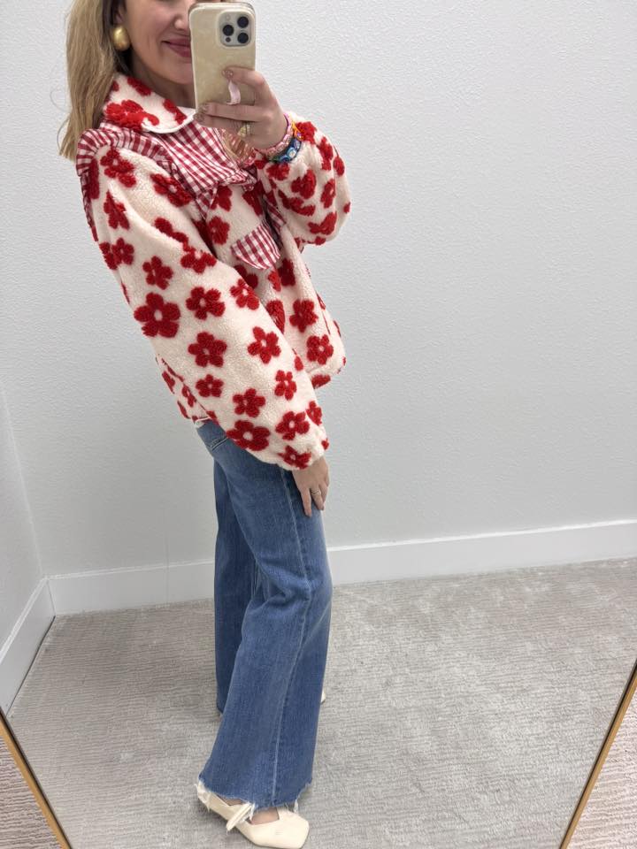 White & Red Floral Sherpa Pullover