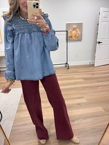 Light Denim Smocked Embroidered Heart Detail Top