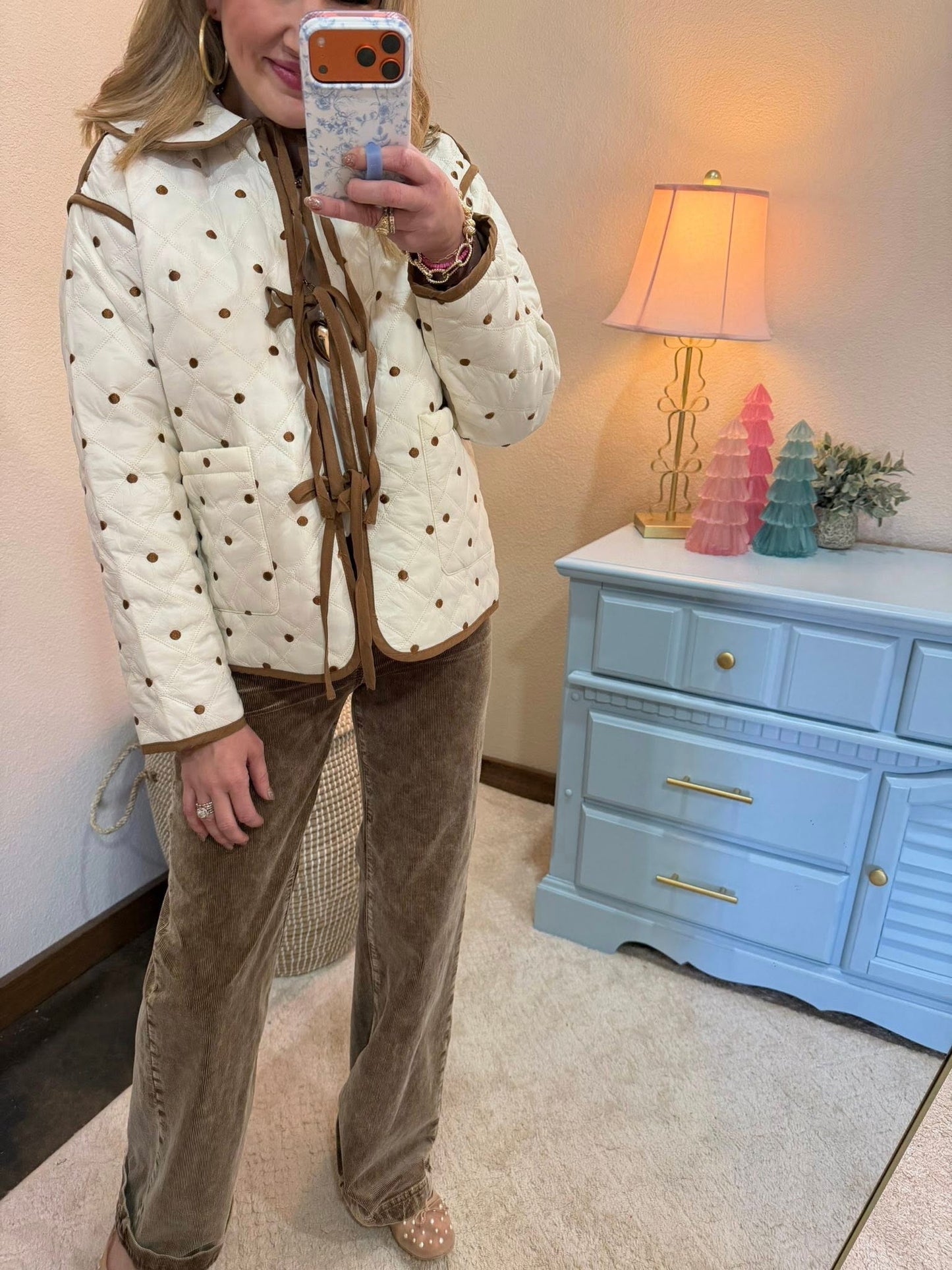 Cream/Brown Polkadot Quilted Front Tie Jacket