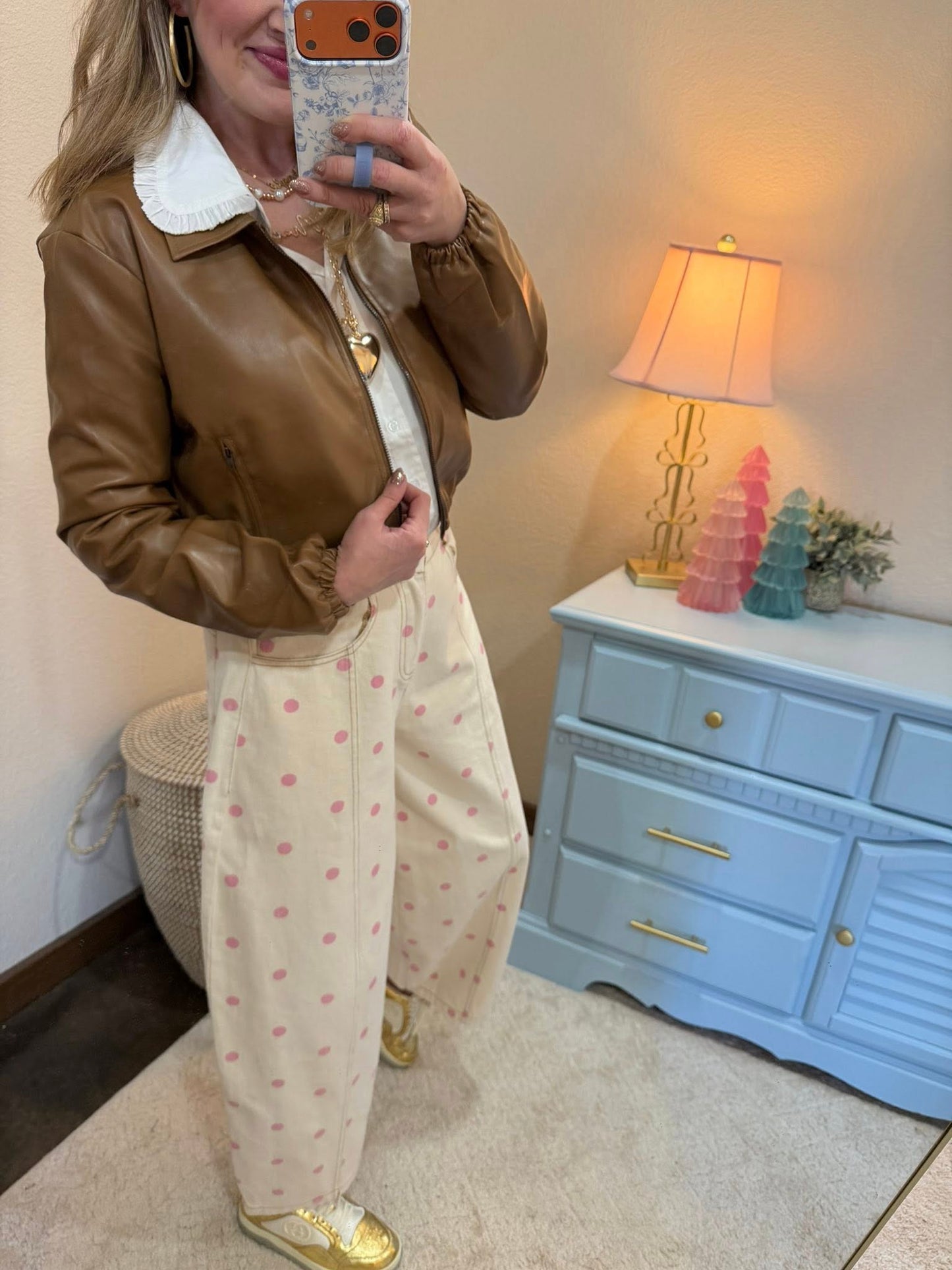 Cream & Light Pink Polka Dot printed Wide Leg Pants