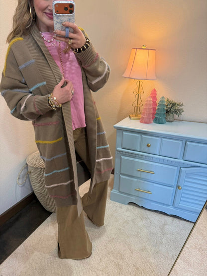 Mocha Multicolor Striped Open Front Long Cardigan