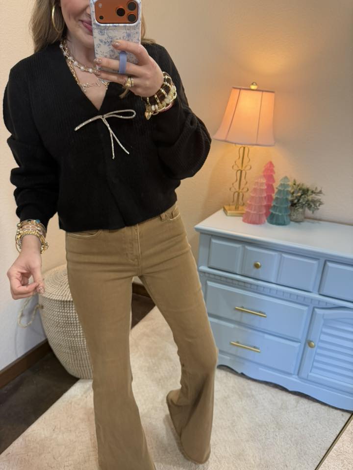 Black Sparkly Bow Embellished Cardigan