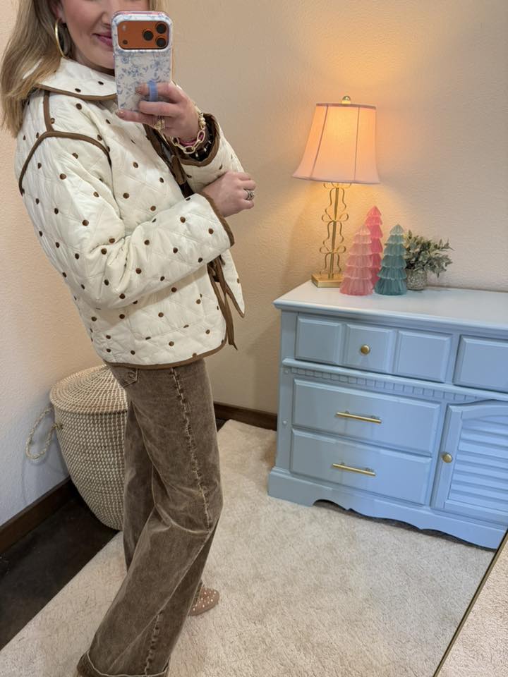 Cream/Brown Polkadot Quilted Front Tie Jacket