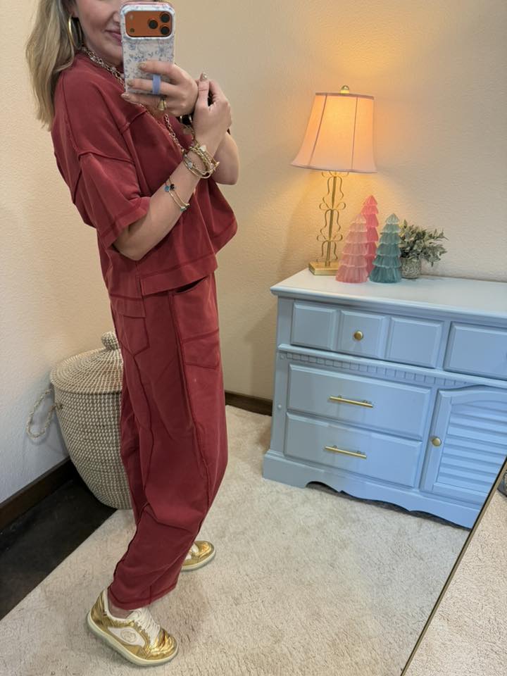 Wine Mineral Washed Exposed Barrel Two Piece Pant Set