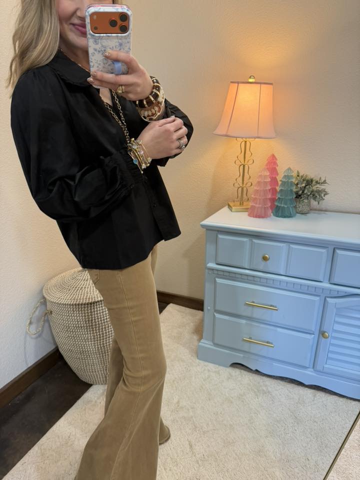 Black Ruffle Accent Button Down Lovely Shirt