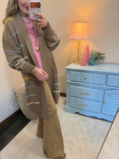 Mocha Multicolor Striped Open Front Long Cardigan
