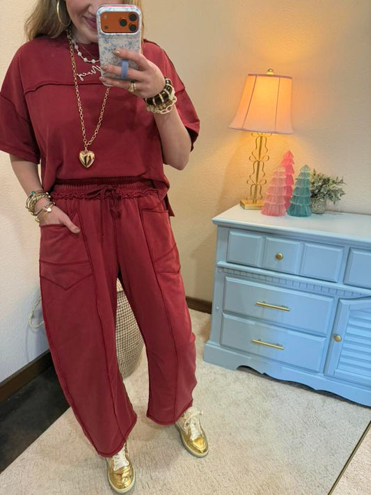 Wine Mineral Washed Exposed Barrel Two Piece Pant Set