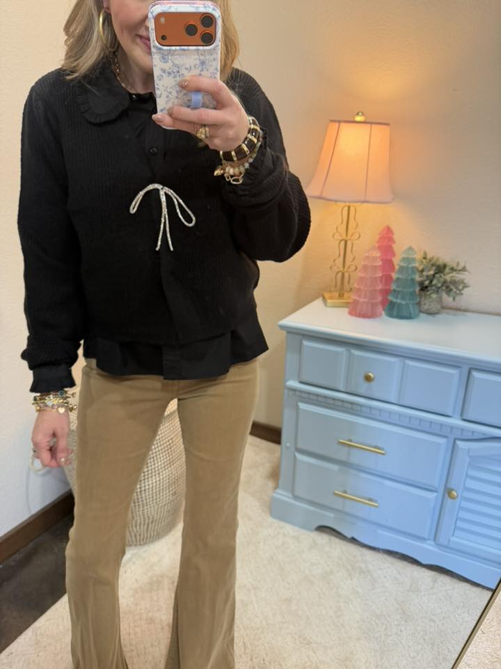 Black Sparkly Bow Embellished Cardigan