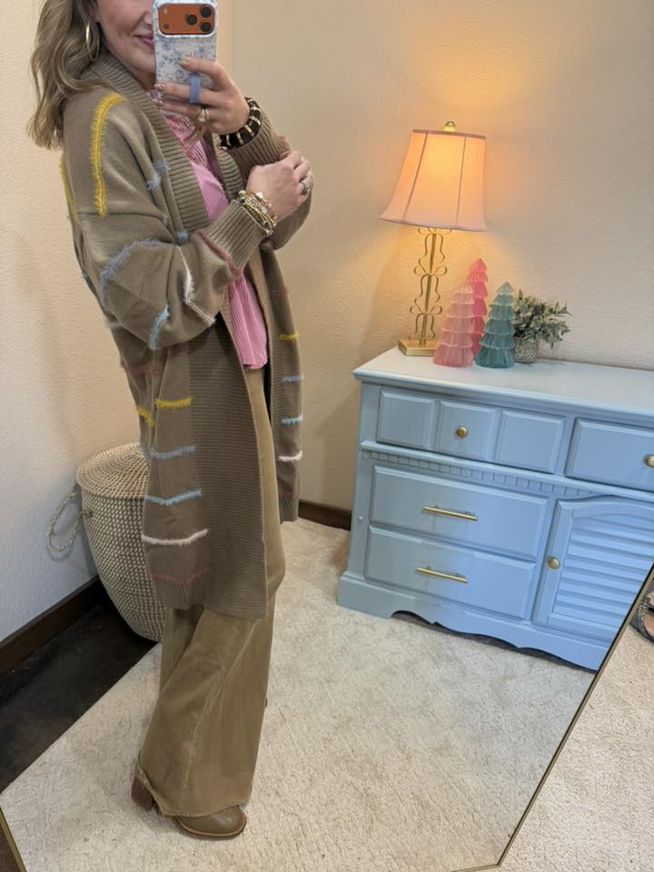 Mocha Multicolor Striped Open Front Long Cardigan