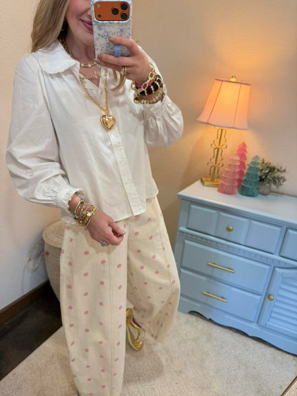 Cream & Light Pink Polka Dot printed Wide Leg Pants
