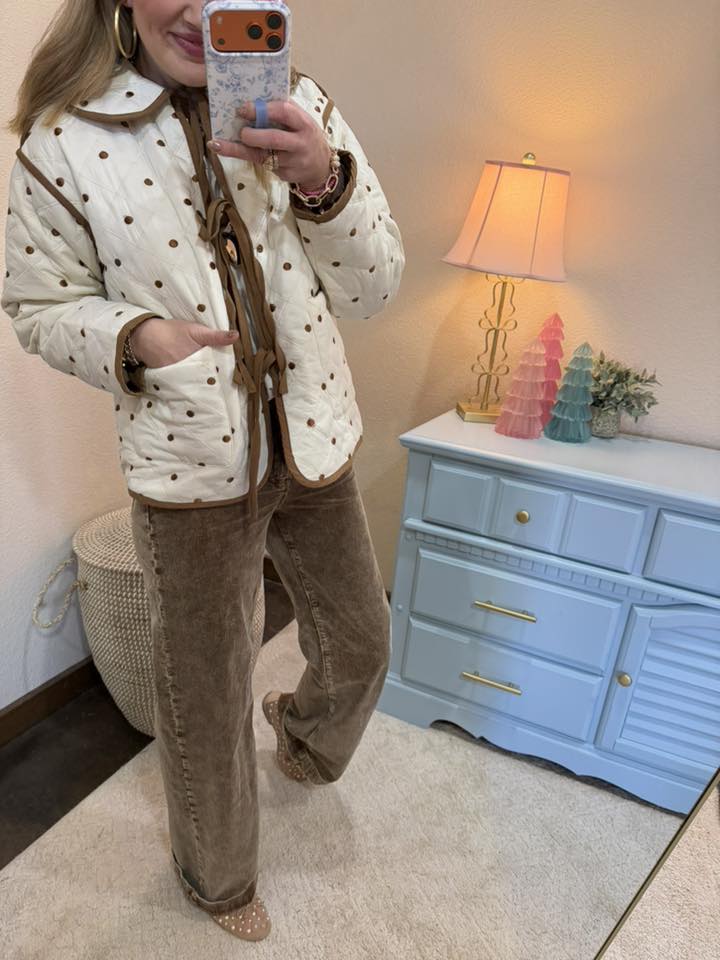 Cream/Brown Polkadot Quilted Front Tie Jacket