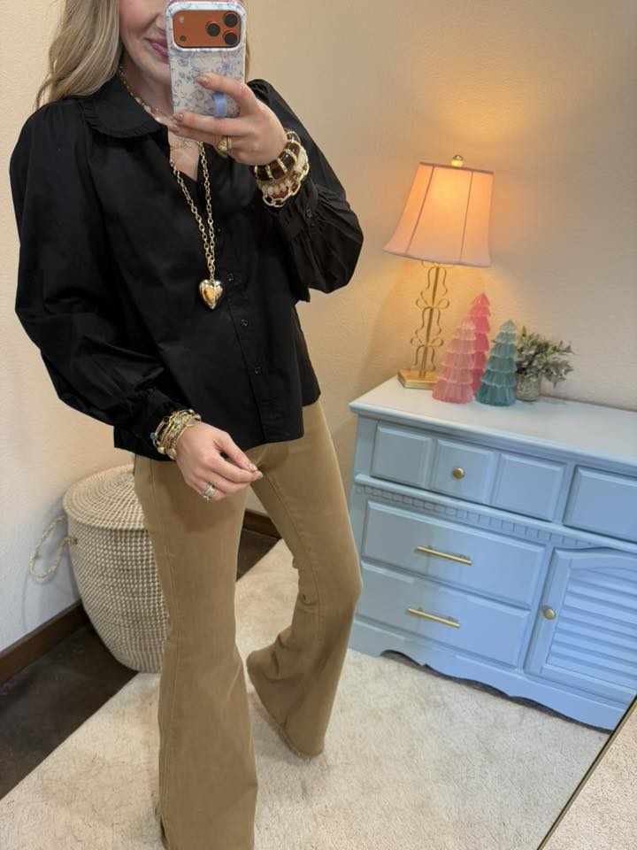 Black Ruffle Accent Button Down Lovely Shirt