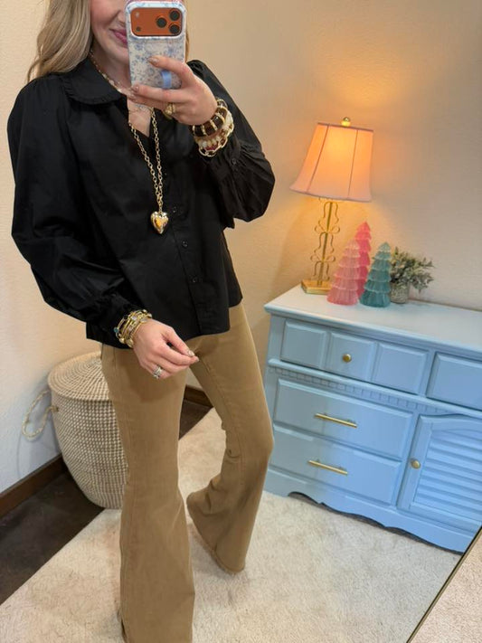 Black Ruffle Accent Button Down Lovely Shirt