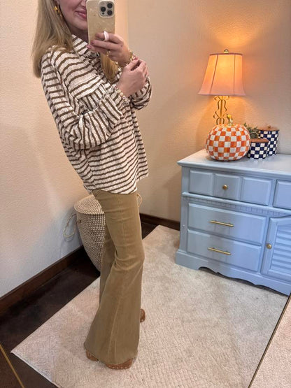 Caramel Over-sized Textured Stripe Casual Knit Top FS