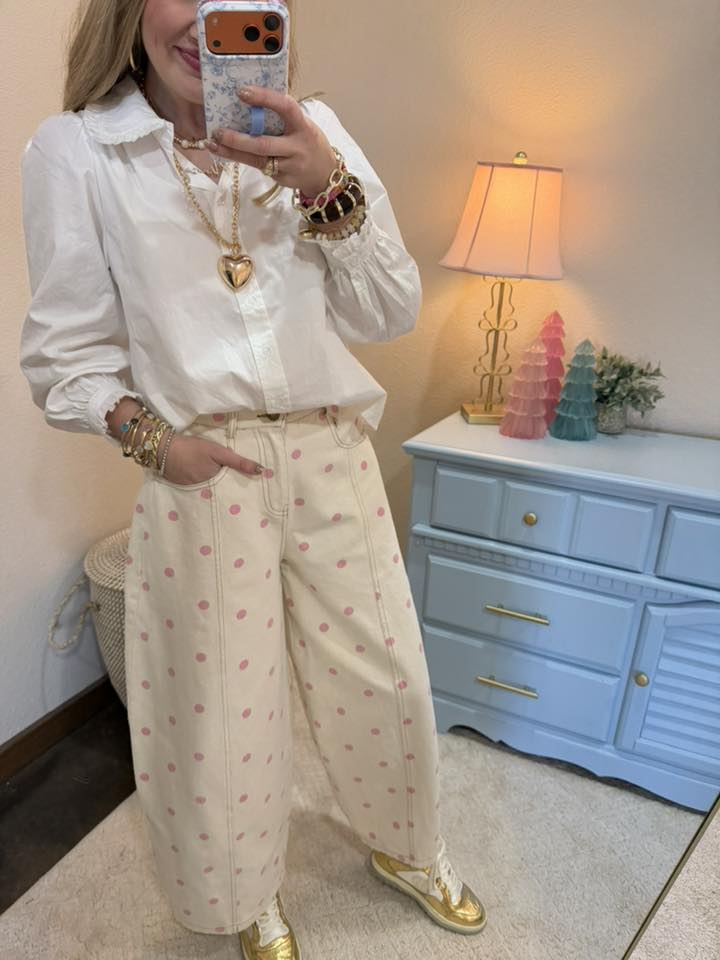 Cream & Light Pink Polka Dot printed Wide Leg Pants