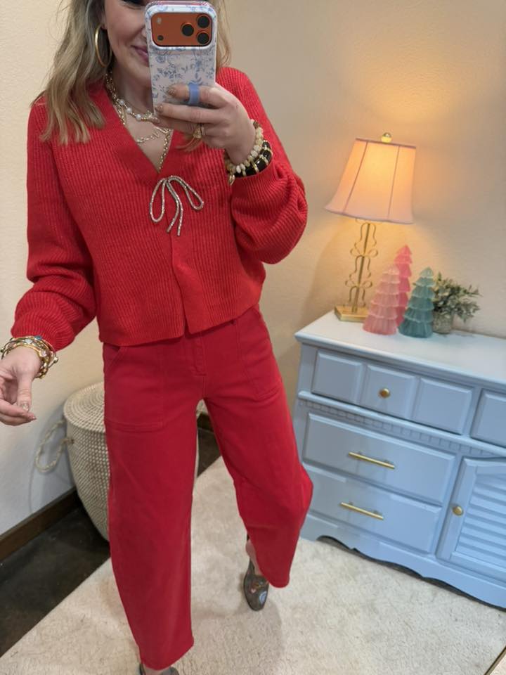 Red Sparkly Bow Embellished Cardigan