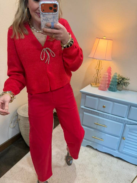 Red Sparkly Bow Embellished Cardigan