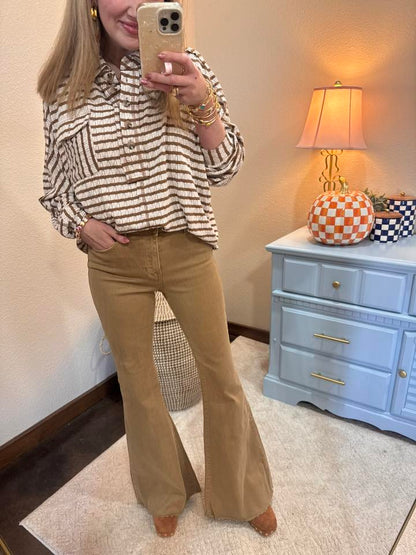 Caramel Over-sized Textured Stripe Casual Knit Top FS