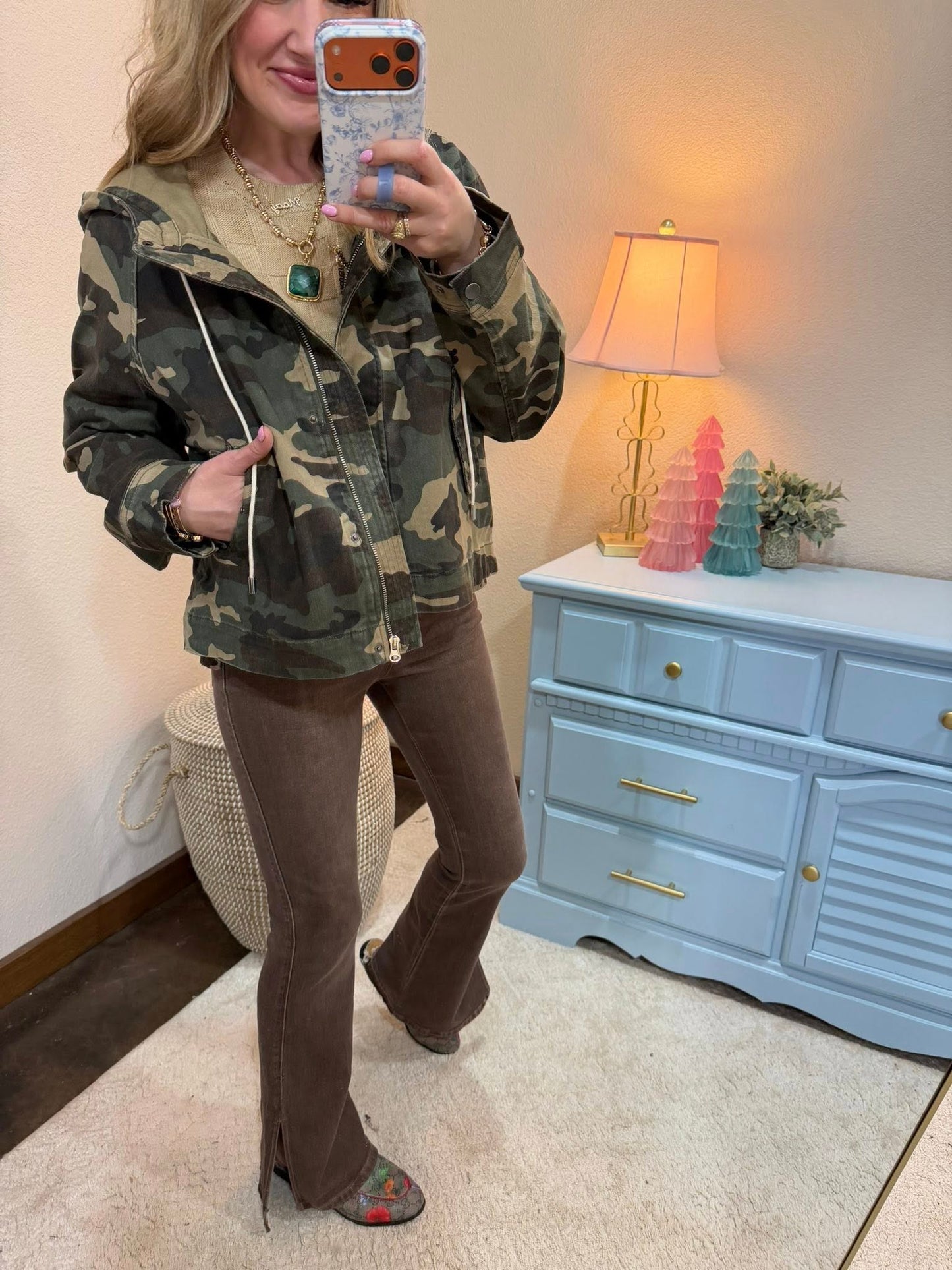 Camo Oversized Raglan- Sleeve Jacket with Hoodie