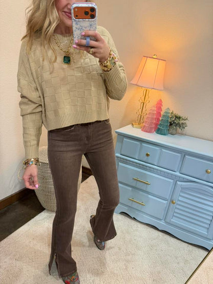 Taupe Braided Long Sleeve Sweater Top FS